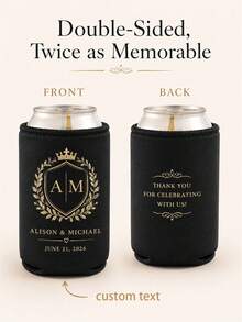 Custom Wedding Koozies, Black Neoprene Can Sleeves Personalized With Monogram , Names, Date And Thank You Message, Elegant Wedding Reception Favors For Guests, Couples And Anniversary Celebrations - Multicolor - View 9