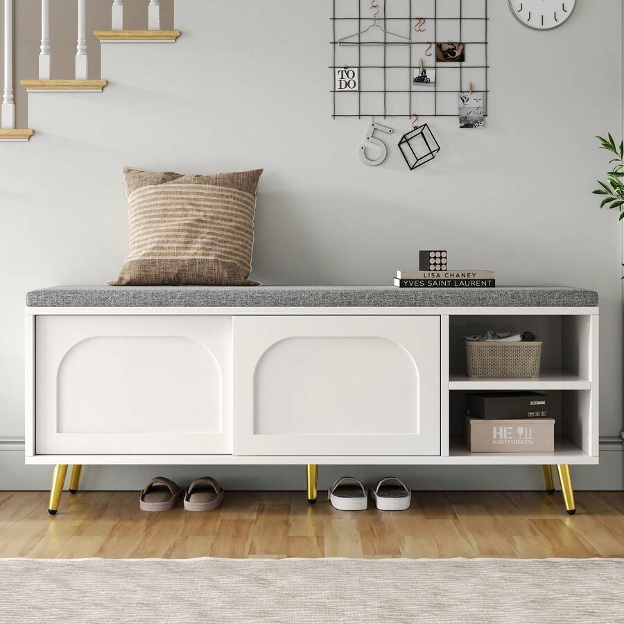 Shoe Bench, Shoe Rack With Bench, Bench With Seat Cushion, Shoe Cabinet With Storage Space, Wardrobe Bench, White, Dimensions: W121 X D35 X H49 Cm, 121 X 35 X 49 Cm - A - View 1