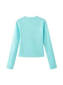 Autumn Slim Fit Round Neck Long Sleeve Women's T-Shirt, Niche Star & Letter Print Unique Mint Green Top - Mint Green - View 7