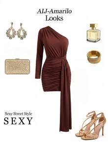 Fashion One-Shoulder Long Sleeve Fitted Dress, Asymmetric Pleated Design, Elegant And Charming Women's Party Mini Dress - Brown - View 4