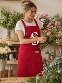 1pc Customized Letter Series Red Background Colorful Letter & Holographic Floral Pattern Cute Print Apron, Suitable For Christmas Party And Wedding. Applicable For Kitchen, Garden, Bathroom, Home Decor - Unique Initial Meaning Style, Christmas Gift - Multicolor - View 7