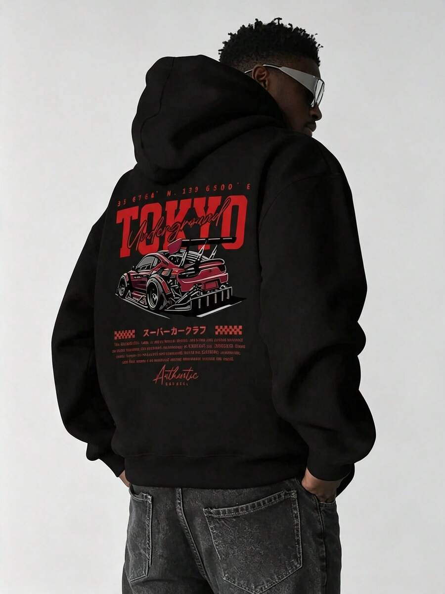 Men's Casual Versatile Loose-Fitting Hooded Sweatshirt,Equipped With A Kangaroo Pocket,Drawstring And Street Racing-Themed Slogan Print. - 黑色 - 查看 1