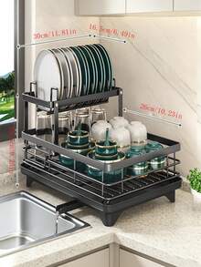 1pc Stainless Steel Kitchen Dish Drying Rack, Space-Saving Countertop Organizer With Utensil Holder, Cutting Board Rack And Knife/Fork Holder, Suitable For Bowls, Plates, Knives, Spoons And Forks - Black - View 9