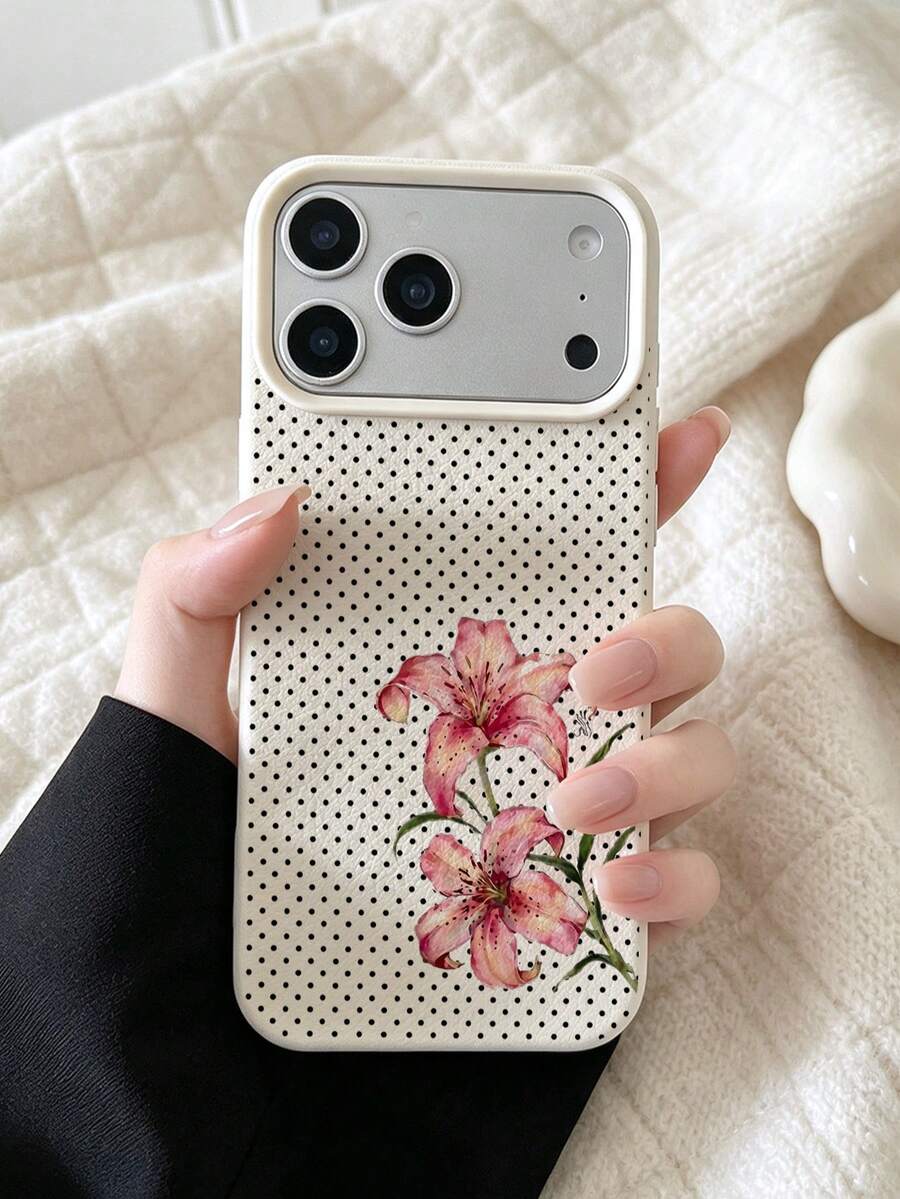 1pc Vintage Black Polka Dot Watercolor Lily Floral Pattern Elegant Women's Anti-Drop Phone Case, Compatible With Apple 17/16/11/12/13/14/15/15Pro/15Plus/15ProMax/11Pro/12Pro/13Pro/14Pro/12Mini/13Mini/11ProMax/12ProMax/13ProMax/14ProMax/14Plus/7/8/16Pro/16Plus/16ProMax/17Pro/17e/17ProMax & Galaxy S20FE/S21FE/S22/S22UITRA/S25/S25FE/S26/S26Uitra/A05s/A06/A07/A14/A17/A25/A26/A34/A35/A36/A53/A54/A55/A56/A57 - Multicolor - View 1