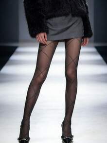 Silver Thread Cross Diamond Pattern Tights, Spring/Summer Slim Fit Design, Black Diamond Pattern Tights - Black - View 3