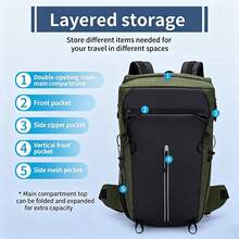 Ransel Hiking Tahan Air, Ransel Perjalanan dengan Kompartemen Laptop, Banyak Kantong, Tali Pengikat Tongkat, Strip Reflektif, Bagian Belakang yang Bernapas, Tali Dada & Pinggang yang Dapat Diatur, 3 Cara Membawa, Bagian Atas yang Dapat Diperluas, Tahan Aus. - Hitam - View 3