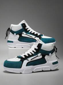 Men's Retro Fashion Colorblock Patchwork Double Lace-Up Design Height-Increasing Thick Sole Skateboard Shoes, Niche Personalized Versatile High-Top Casual Sports Sneakers - White and Blue - View 5