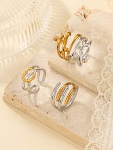 3pcs Stainless Steel Gold And Silver Heart-Shaped Ring Set, Multi-Layer Open Rings With Gold And Silver Contrast, Different Lengths, Suitable For Women's Daily Decoration Or Gift, Adjustable Ring Size - Gold and Silver - View 2