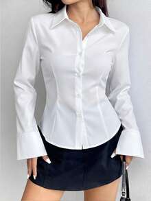 Kemeja Wanita Model Terbaru Musim Panas Lengan Panjang Slim Fit Kancing Depan dengan Kerah, Gaya Olahraga - Putih - View 12