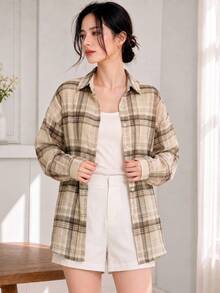 YUXIN Women's Retro Checkered Shirt, Long Sleeved Button Down Jacket, Loose Fit Layered Piece For Daily Camping And Commuting Wear - Apricot - View 3