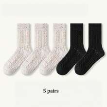 1/4/5 pares de calcetines de lana estilo romántico francés, calcetines de media pantorrilla engrosados con patrón de punto de cable para mujeres, otoño/invierno - Multicolor - Ver 10