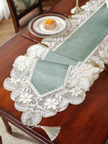 100% Polyester Vintage Luxury Rectangular Table Runner, Soft Base Fabric With Sheer Mesh, Full Floral And Leaf Embroidery, All-Around Hollow Lace Edge, Double Layer Tablecloth, Suitable For Bridal Breakfast Table, Country Cottage Kitchen Decor - Khaki - View 16