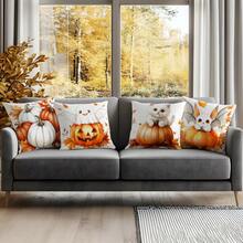 4pcs Halloween Pumpkin Decorative Pattern Single-Sided Printed Pillow Covers/Cushion Covers, Multi-Scene Atmosphere Decoration Pillow Covers Suitable For Living Room, Sofa, Bedroom, Without Pillow Insert - Multicolor - View 7
