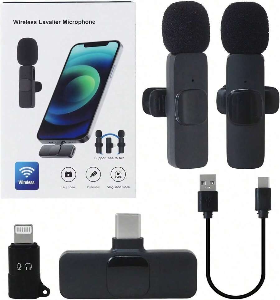 Paquete de 2 Micrófonos Inalámbricos de Solapa - Micrófono Lavalier con Reducción de Ruido - Plug and Play para iPhone, iPad y Android - para Podcast - 1 - Ver 1