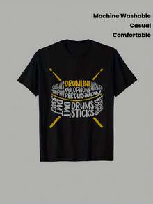 Men's Percussion Band T Shirt,With Patterned Print - Black And Yellow,Regular Round Neck,Suitable For School Performances,Drum Band Activities And Ati - 黑色 - 查看 1