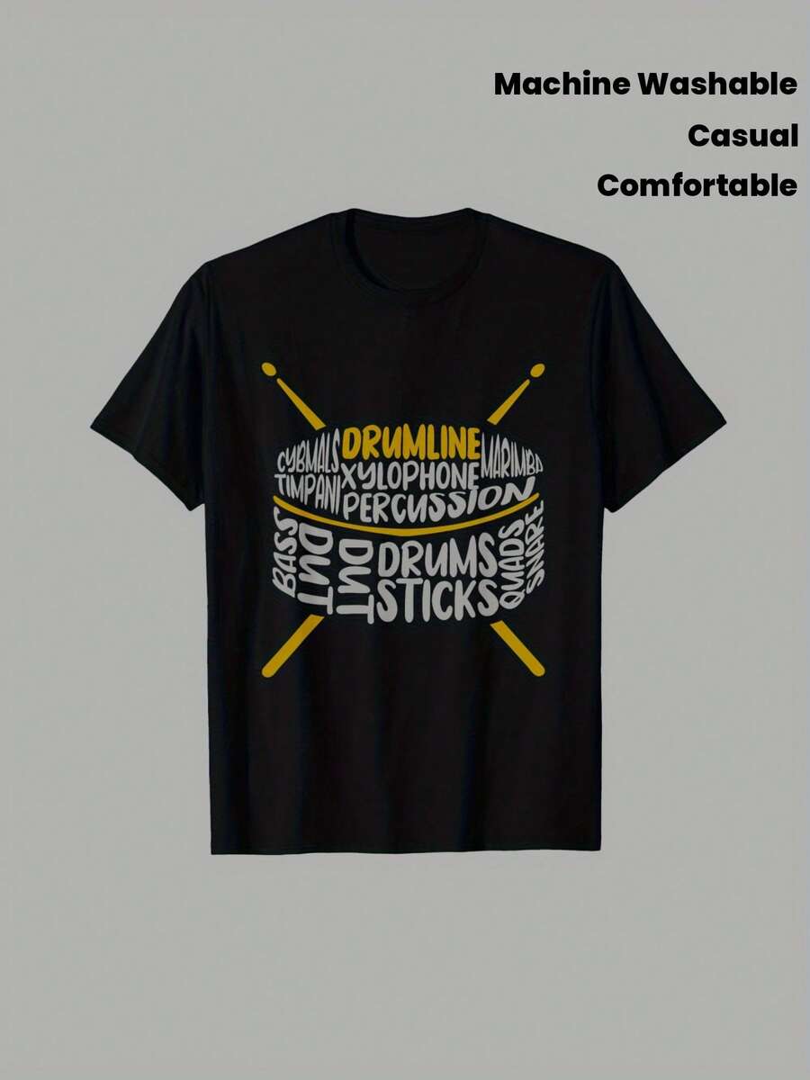 Men's Percussion Band T Shirt,With Patterned Print - Black And Yellow,Regular Round Neck,Suitable For School Performances,Drum Band Activities And Ati - 黑色 - 查看 1