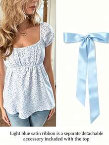 Women's Cute Floral Print Round Neck Top With Pink Bow Decor, Regular Length, Knit Fabric, Suitable For Summer Vacation - Baby Blue - View 11