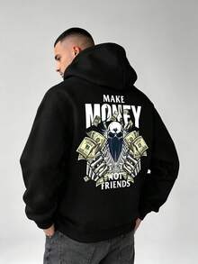 Men's Casual American Street Style Hoodie,With Money Print,Regular Version,Hooded Collar,Solid Color Design,With Patterned Print,Casual Long Sleeve. - 黑色 - 查看 1