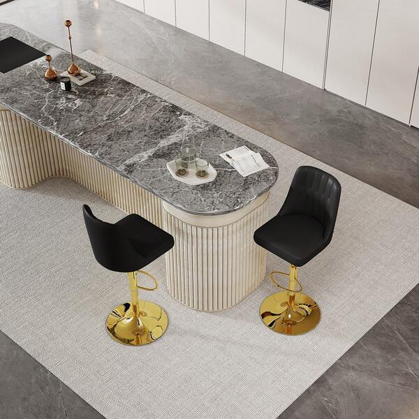 Height-Adjustable Bar Stools In A Set Of 2, 360° Swivel, Backrest With Black PU Leather And Quilted Pattern, Legs Made Of Golden Metal. Suitable For Kitchen Islands And Bar Counters, 61 X 56 X 50 Cm