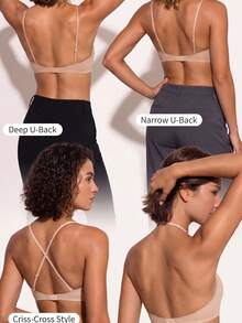 Women's Seamless Spaghetti Strap Bra, U-Shaped Low Back Invisible Shaping Cup Bandeau, Breathable Push-Up Half Cup Wire-Free Lingerie, Suitable For Daily Wear - Khaki - View 2