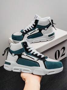 Men's Retro Fashion Colorblock Patchwork Double Lace-Up Design Height-Increasing Thick Sole Skateboard Shoes, Niche Personalized Versatile High-Top Casual Sports Sneakers - White and Blue - View 6
