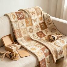 1PC Vintage Warm Brown Patchwork Sun Moon Moth & Plant Print Flannel Throw Blanket, Bohemian Style, For Home, Living Room, Sofa, Nap, Decorative Air Conditioning Blanket - Multicolor - View 6