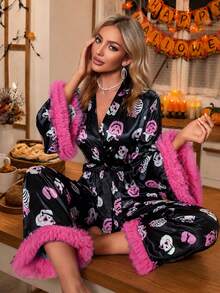Women's Black & Pink Halloween Skeleton Print Satin Pajama Se Smooth Faux Silk Fabric,Party & Home Wear 2-Piece Set - Black - View 6