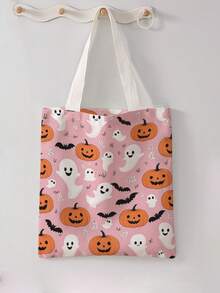 1 buah Tas Tote Kanvas Motif Hantu Kartun Halloween, Tas Bahu Genggam Kapasitas Besar, Tas Belanja yang Dapat Digunakan Kembali untuk Pesta Halloween, Membawa Buku Sehari-hari - MultiWarna - View 2