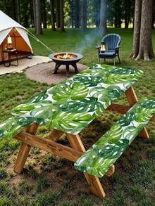 3 Pieces Picnic Tablecloth Set With Bench Cover, Elastic Edge Design, Leaf Pattern With Colorful Floral Accents, Washable Rectangular Tablecloth, Suitable For Weddings, Camping, Picnics, Garden Parties And More, Practical Essential - B - View 1