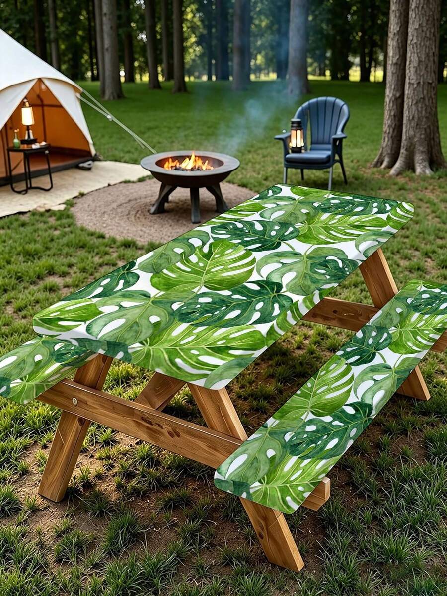 3 Pieces Picnic Tablecloth Set With Bench Cover, Elastic Edge Design, Leaf Pattern With Colorful Floral Accents, Washable Rectangular Tablecloth, Suitable For Weddings, Camping, Picnics, Garden Parties And More, Practical Essential - B - View 1