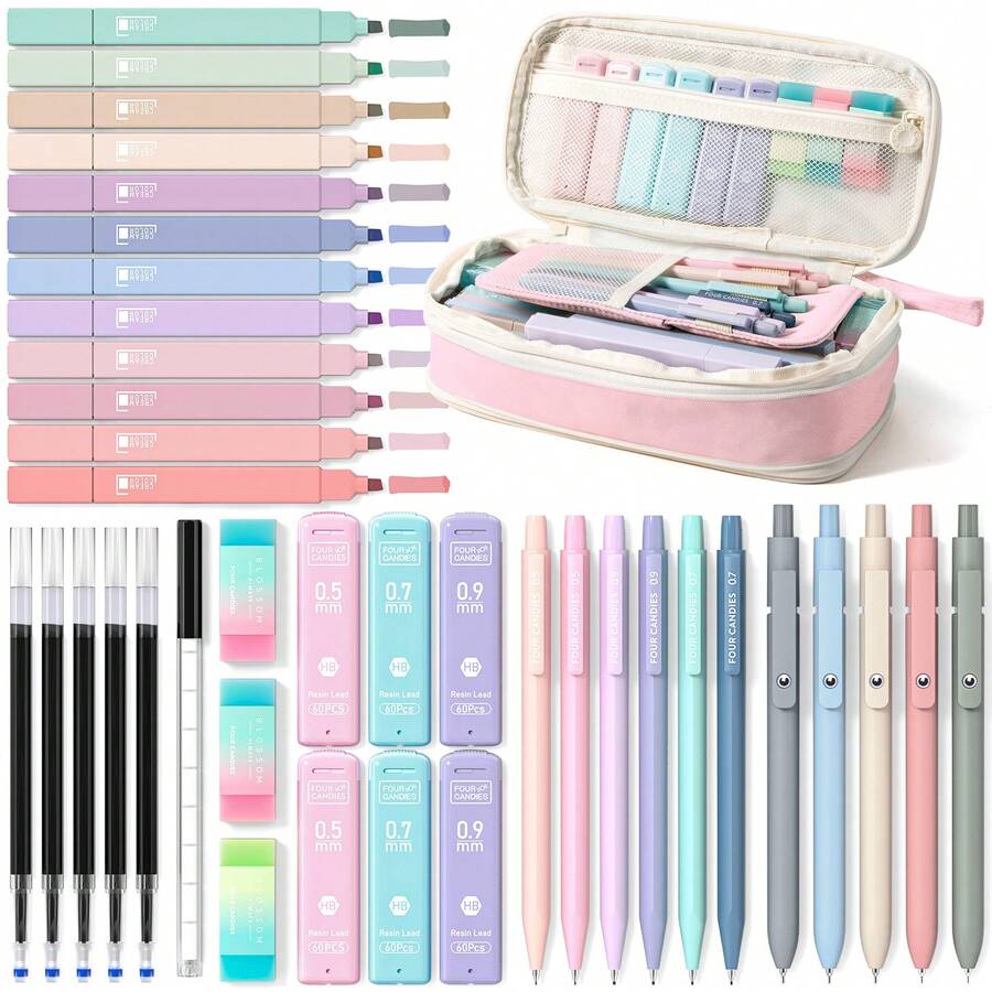 Mechanical Pencils Set 39 PCS Aesthetic School Supplies With Cute Pen Case, 12 Pastel Highlighters, 5 Black Ink Gel Pens, 6 Mechanical Pencils Set 0.5 & 0.7 Mm For Students College Essentials - 粉色 - 查看 1