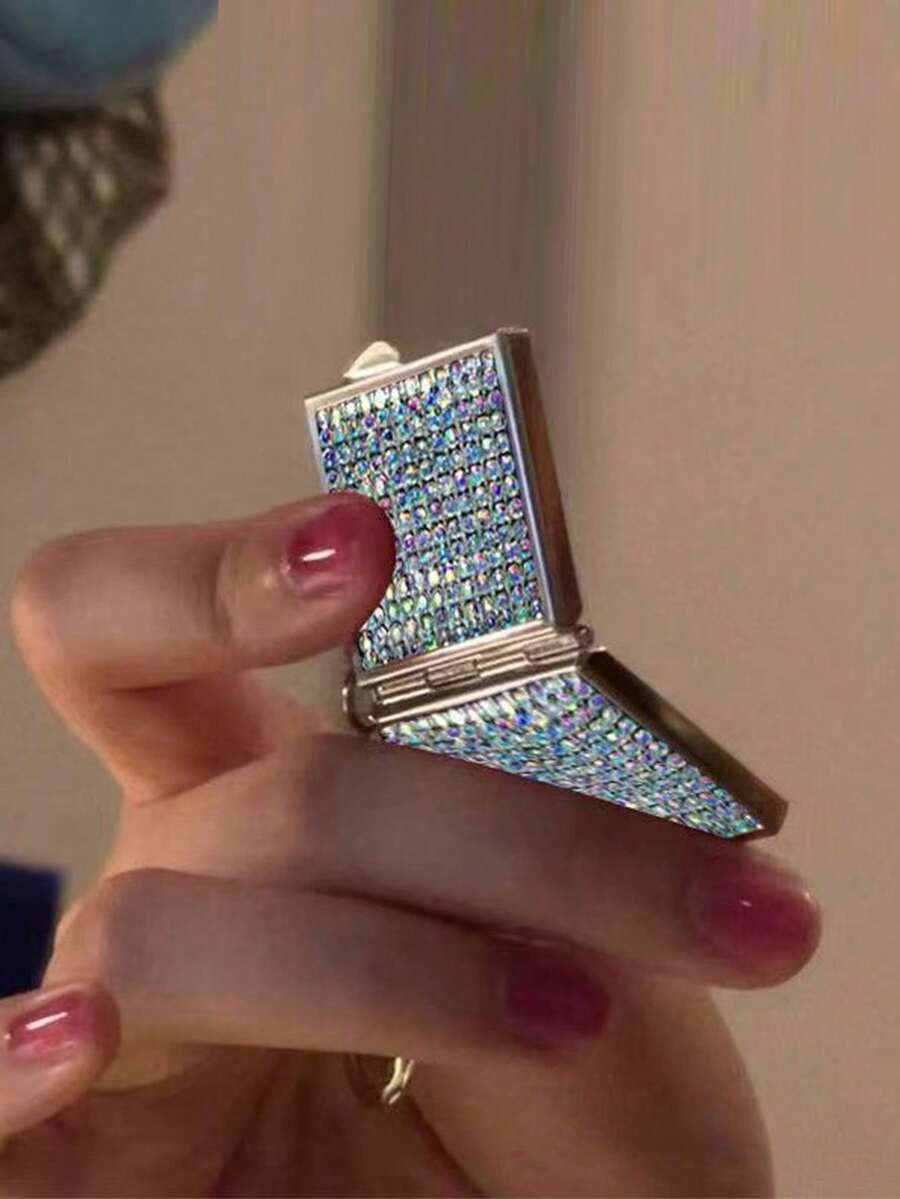 1pc Mini Rhinestone Double-Sided Square Mirror, New Creative Ins Style Luxury Sparkling Diamond Cross-Border Hot-Selling 2-In-1 Rhinestone Mini Makeup Mirror Keychain, Multifunctional Makeup Mirror Keychain Pendant, Thumb-Sized Portable Double-Sided Folding Lipstick Mirror, Suitable For Touch-Ups On The Go, Sparkling Crystal Portable Folding Makeup Mirror With Double-Sided Square Design, Mini Handbag Carry, Fun Gift - Multicolor - View 1