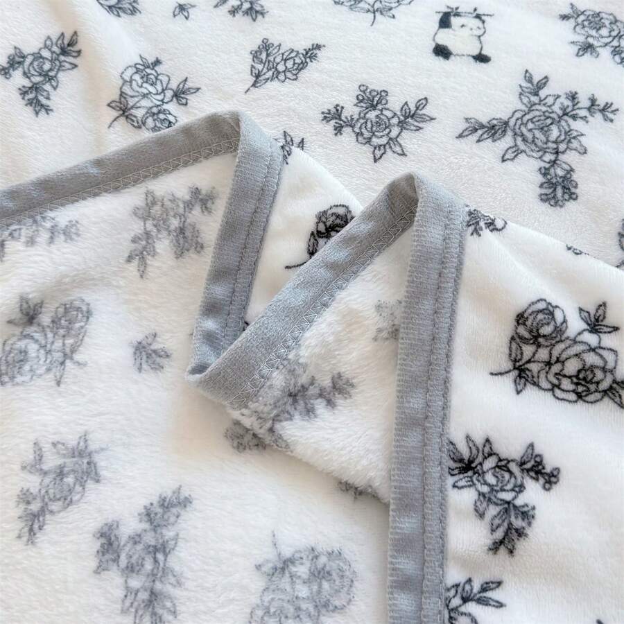 1pc Fresh Panda & Floral Pattern Blanket, Warm Thick Soft Comfortable Throw Blanket, Plant & Animal Print Design, For Home Decor, Suitable For Bed, Sofa, Office, Room Decoration, Dorm, Machine Washable, Back To School Dorm Decor College Decor - Black and White - View 1