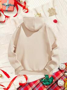 Plus Size Men's Beige Plaid Leopard Print Christmas Tree & Gingerbread Man Graphic Hoodie, Loose Fit Kangaroo Pocket Casual Pullover Sweatshirt - Multicolor - View 4