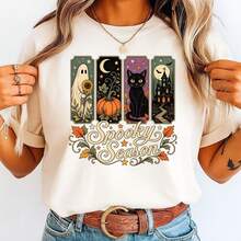 Ghost Cat Pumpkin Haunted House Halloween Shirt, Vintage Fall Graphic Tee - 樣式1 - 查看 2