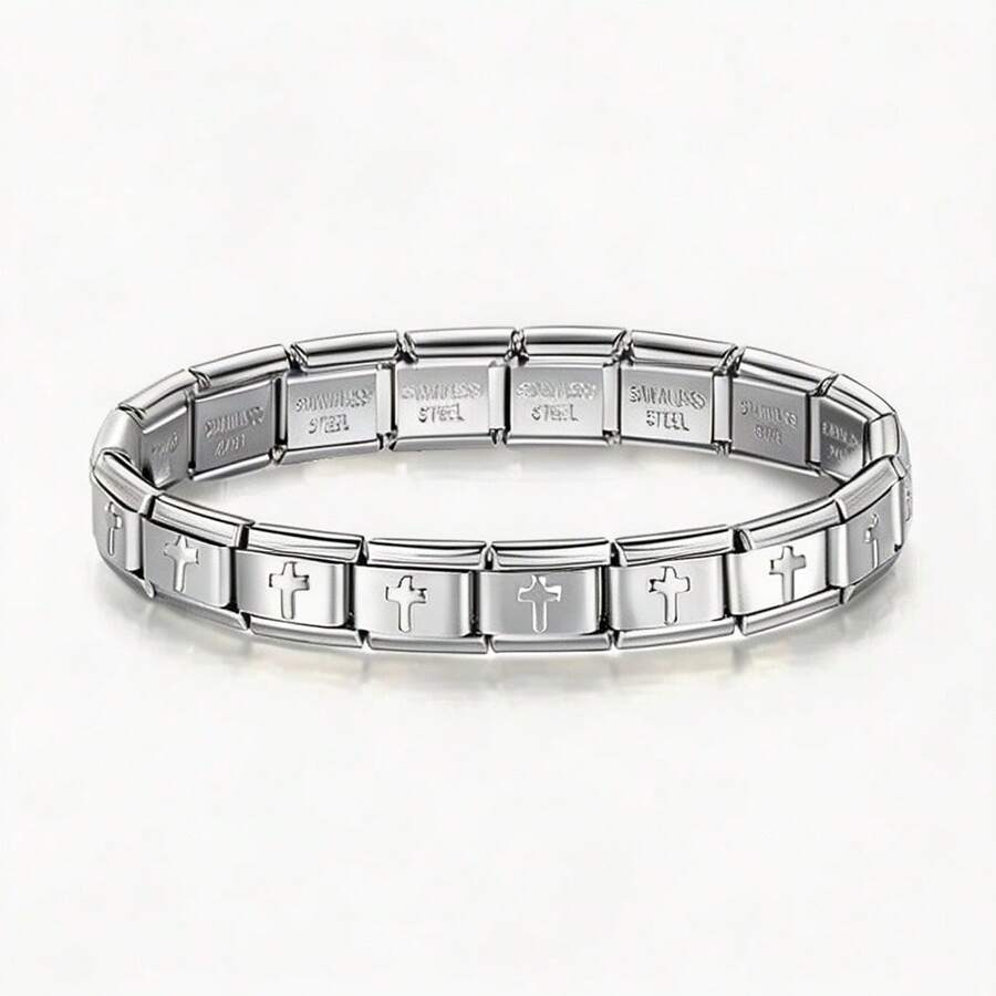 1pc 18-Section Fashion Cross Stainless Steel Expandable Detachable Assembled Bracelet Bangle Suitable For Men