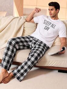 Men's Summer Crew Neck Casual T-Shirt And Long Pants Loungewear Set - White - View 1
