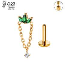 1PC G23 Titanium Internally Threaded Labret Stud Emerald Green Chain Cartilage Stud Earrings Cluster Flat Earring Piercing Jewelry Women New - Green - View 14