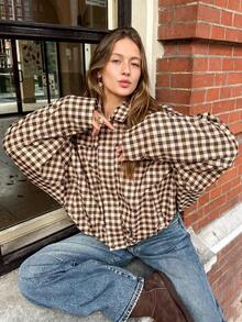Brown Plaid Woven Women's Zipper Front Jacket - Multicolor - View 4