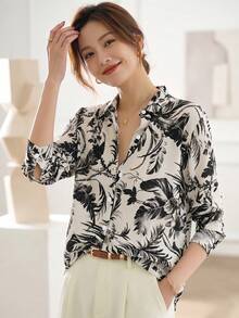 YUXIN 女款緞面水彩腮紅印花翻領襯衫，寬鬆長袖輕盈透氣上衣，度假風 - 水墨黑 - 查看 3