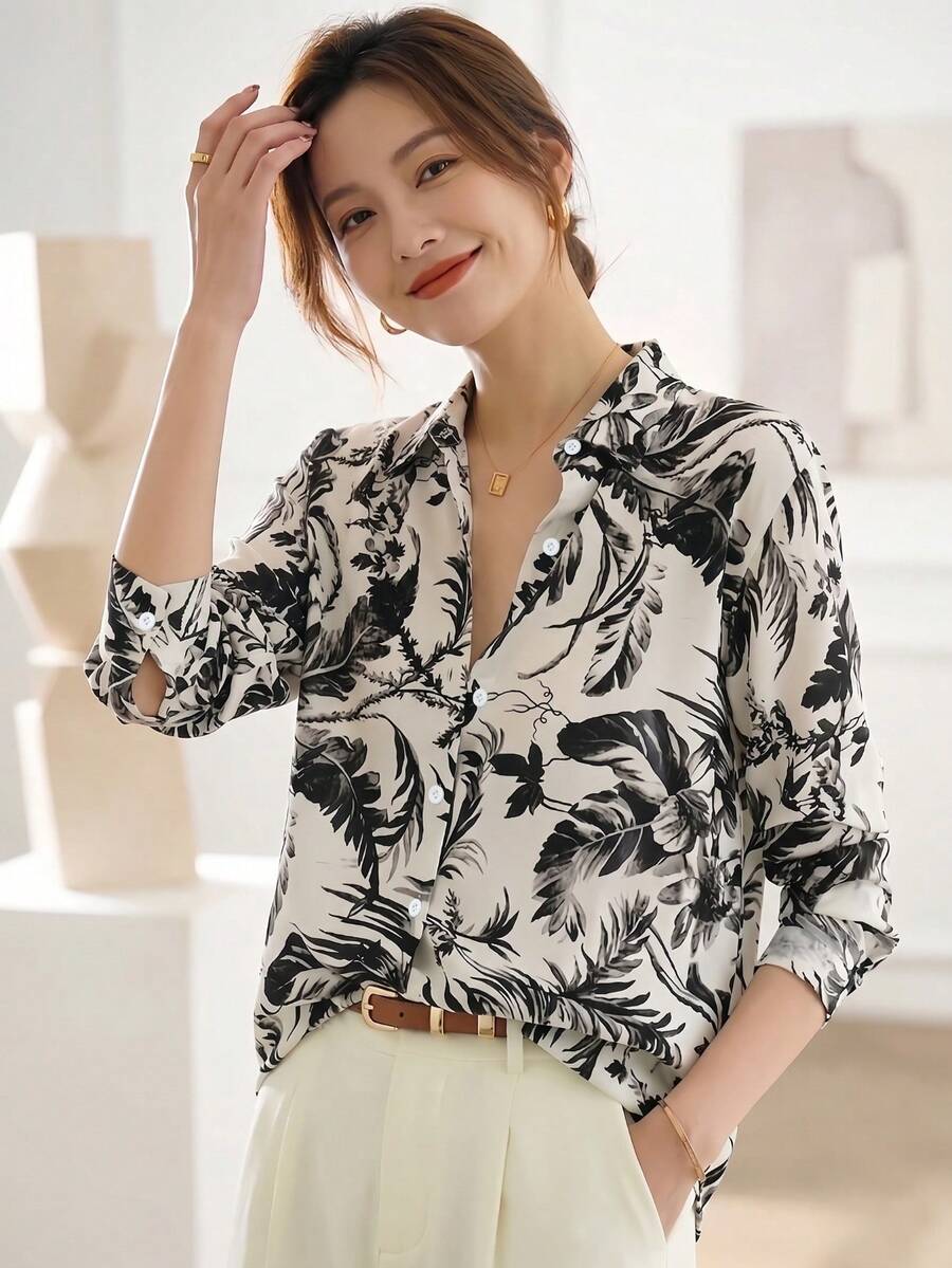 YUXIN 女款緞面水彩腮紅印花領口襯衫，寬鬆長袖輕盈透氣上衣，度假風