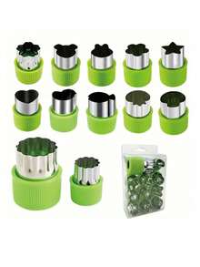 12pcs Vegetable Cutter Set, Stainless Steel Cookie Cutters, Fruit Stamps, Chocolate Cutters, Cake Decorators, Salad Makers, Baking Tools, Kitchen Gadgets, Cookware Accessories (Comes With 1pc Demoulding Rod Per Set) - Green - View 8