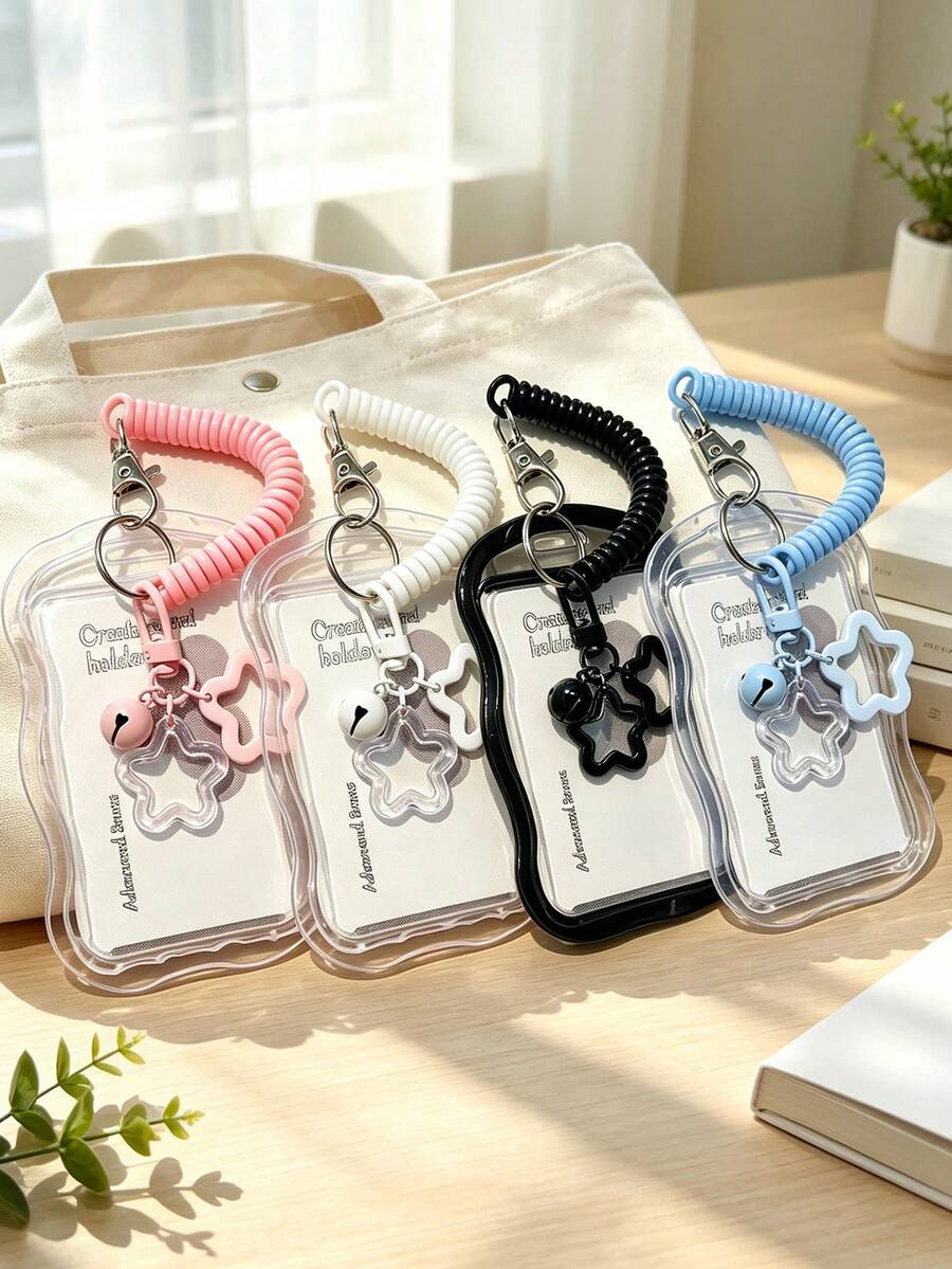 Bell Star Hanging Card Holder, Card Pouch With Keychain, Expandable Plastic Spring Card Holder - Suitable For Bus, RV, Card Holder Keychain, Sliding Cover Card Lanyard, Plastic Protective Sleeve For Public Transportation And Subway Access, Hard Card Holder, Work ID Protective Sleeve - Multicolor - View 1