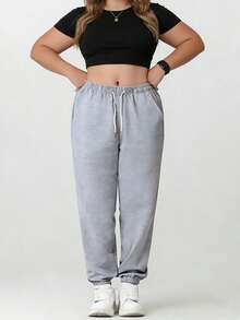 Celana Panjang Wanita Ukuran Besar Musim Gugur/Musim Semi Warna Polos Celana Olahraga Kasual Jogger Pinggang Elastis Tali Serut dengan Kantong Resleting Yoga Lari Olahraga - Light Grey - View 6