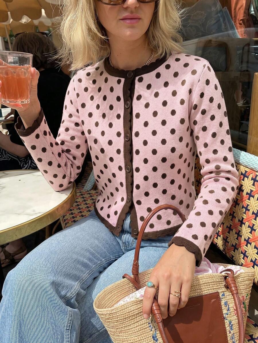 كارديجان نسائي للخريف بتصميم فرنسي ريترو من تريكو ناعم بحافة متموجة ونقشة بولكا دوت، سويتر كاجوال يومي للتنقل والشارع - وردي - مشاهدة 1