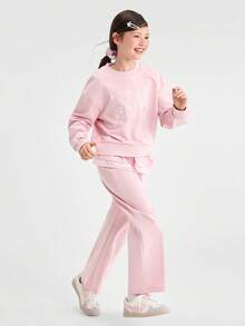 Balabala 女童 2 件套服裝組合，甜美長袖上衣與長褲，時尚秋季休閒大童女裝 - 白紅色 - 查看 4