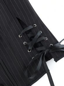 Women's Thin Striped Bandeau Waist-Cinching Top, Side Lace-Up Front Zipper Bustier Cropped Top, Gothic Vintage Cinched Waist, Party Nightclub Outfit, Streetwear Style, Halloween Costume - Black - View 6