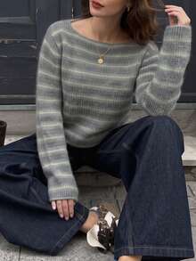 Women's Fall Grey Green Striped Knit Top, Boat Neck Drop Shoulder Ribbed Cropped Long Sleeve Casual Sweater - Multicolor - View 9