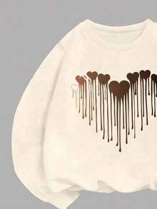 Young Girl Cartoon Heart Print Crew Neck Long Sleeve Top And Flare Pants - Apricot - View 5