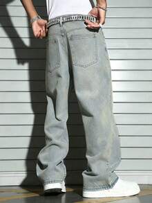 Celana Jeans Pria Streetwear Gaya Vintage dengan Hiasan Berlian Imitasi dan Potongan Lurus - Light Wash - View 2